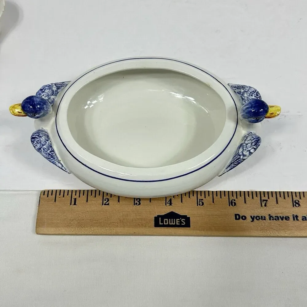 Blue White Ceramic Duck Tureen Ladle Lid Made in Italy Country Farmhouse Decor